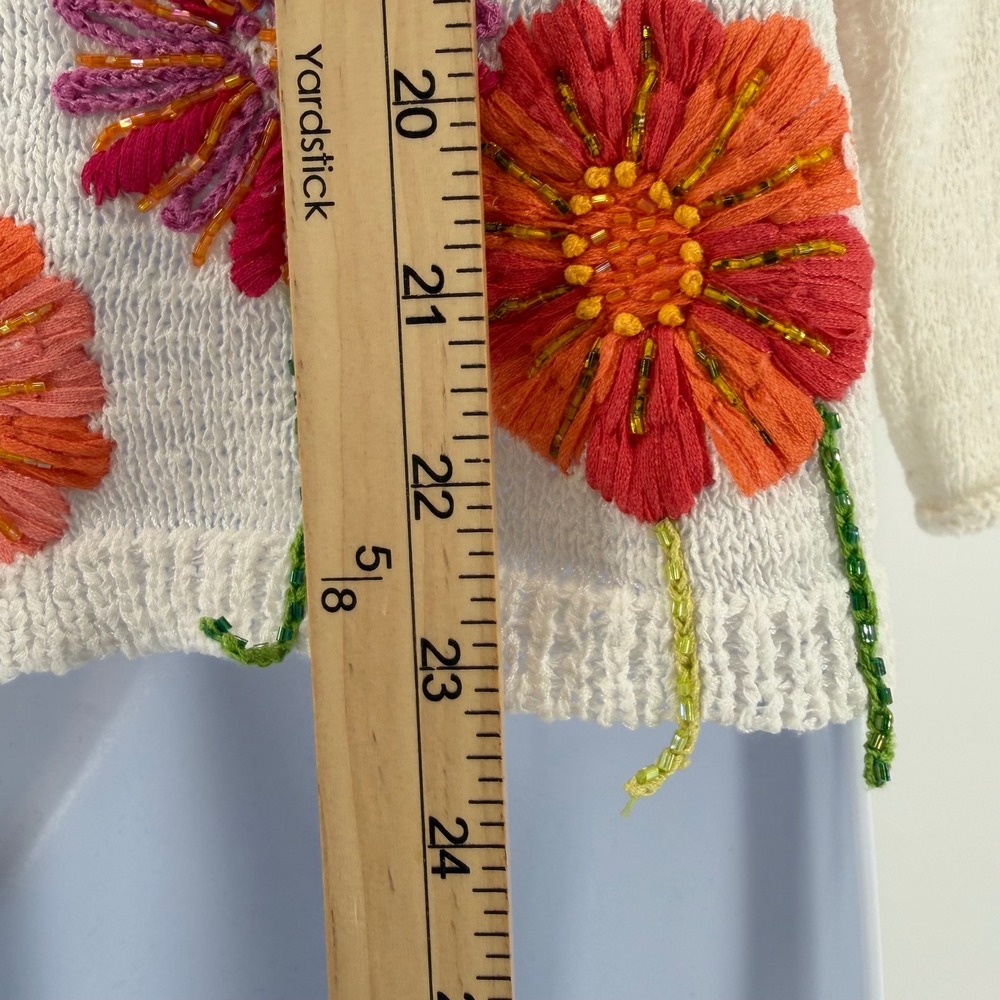 Susan Bristol Cotton Blend Floral Embroidered Beaded Cardigan Sweater Cream L - Picture 8 of 9